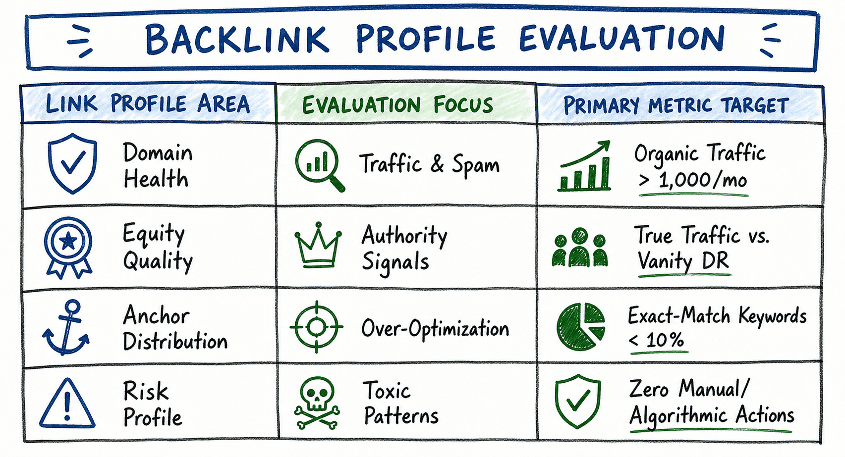 Backlink profile evaluation chart showing how to assess domain health, authority signals, anchor text distribution, and toxic link risks using practical SEO quality metrics.