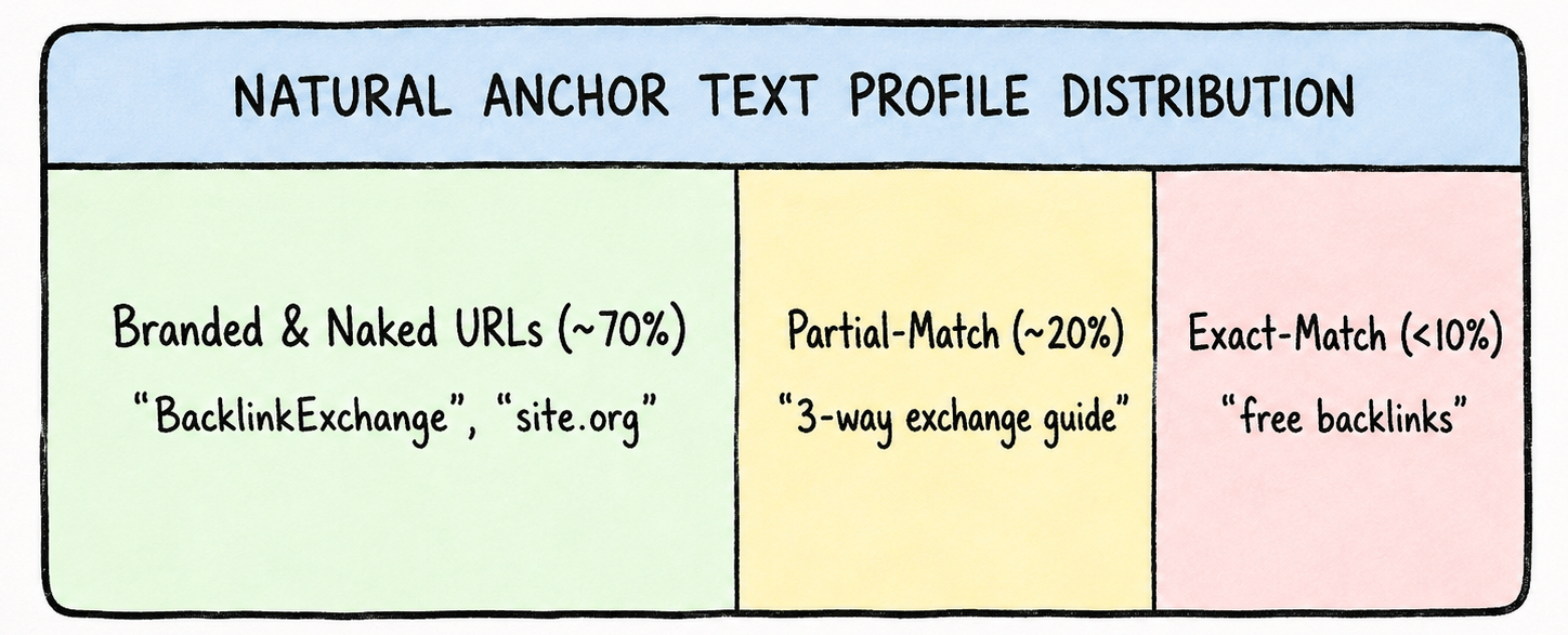 Anchor text ratio diagram showing a natural anchor text profile distribution with branded and naked URLs at around 70%, partial-match anchors at about 20%, and exact-match anchors under 10%.