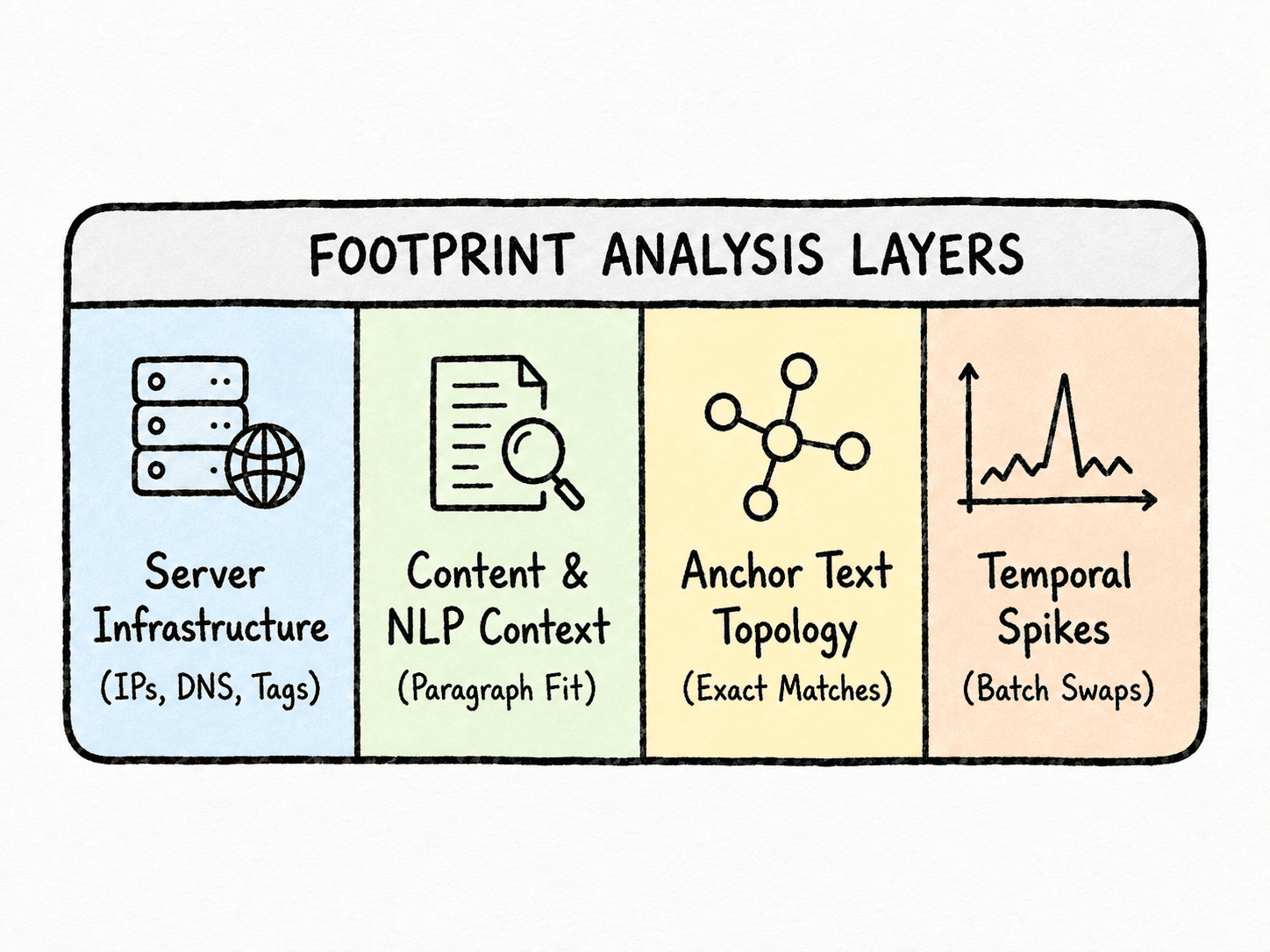 Footprint Analysis Layers chart showing the key signals of a link footprint: server infrastructure, content and NLP context, anchor text topology, and temporal spikes.
