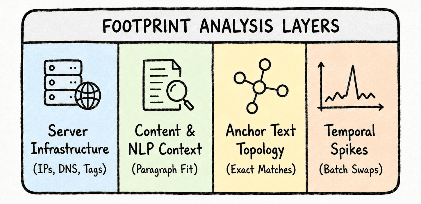 Illustration of link-pattern review across infrastructure, content, anchors, and timing.