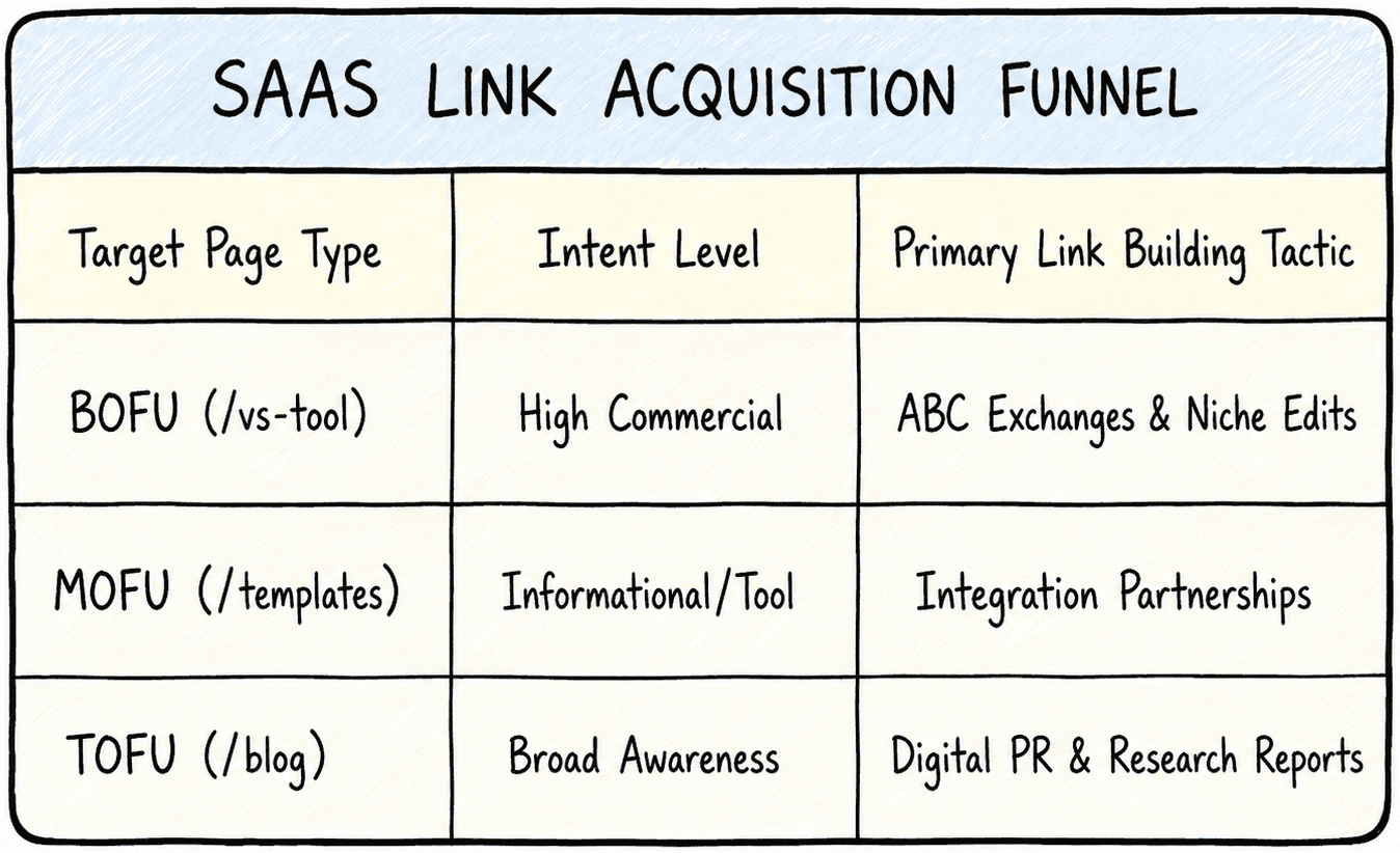 SaaS link acquisition funnel diagram showing how different page types, intent levels, and link building tactics align across BOFU, MOFU, and TOFU content.