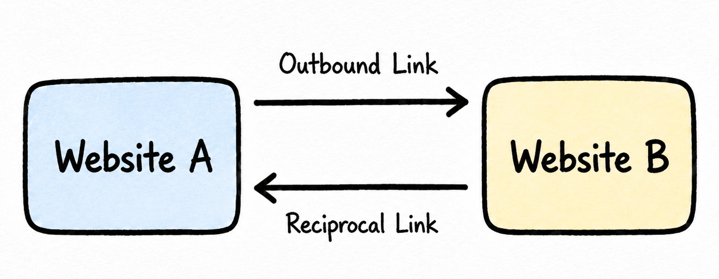 2-way link exchange diagram showing Website A and Website B linking to each other through an outbound link and a reciprocal backlink.