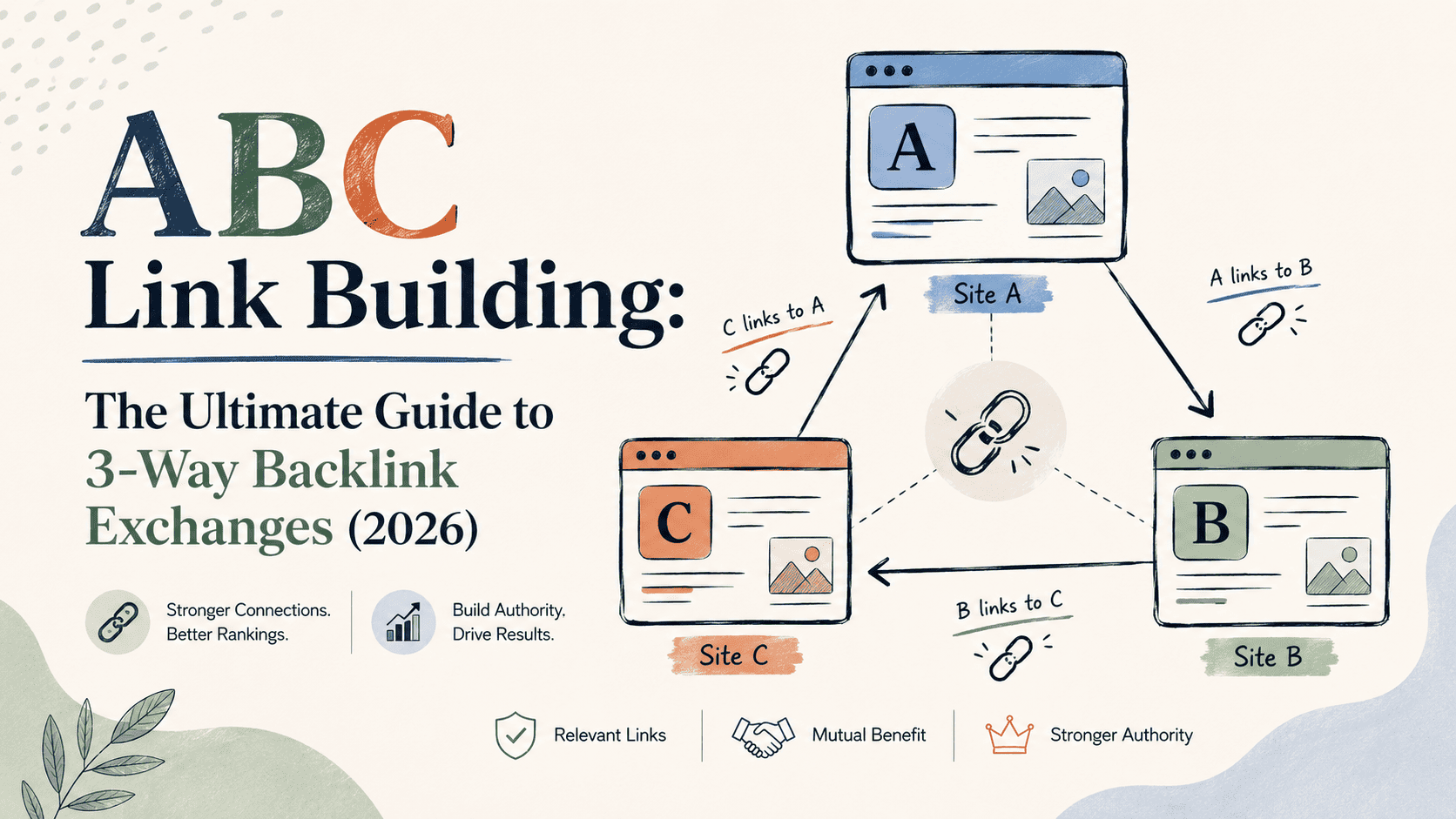 ABC Link Building infographic showing how 3-way backlink exchanges work between Site A, Site B, and Site C, from the ultimate 2026 guide to ABC link building.