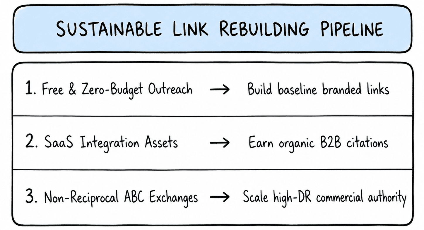 Sustainable link rebuilding pipeline showing a three-step backlink strategy using zero-budget outreach, SaaS integration assets, and non-reciprocal ABC link exchanges to build authority.