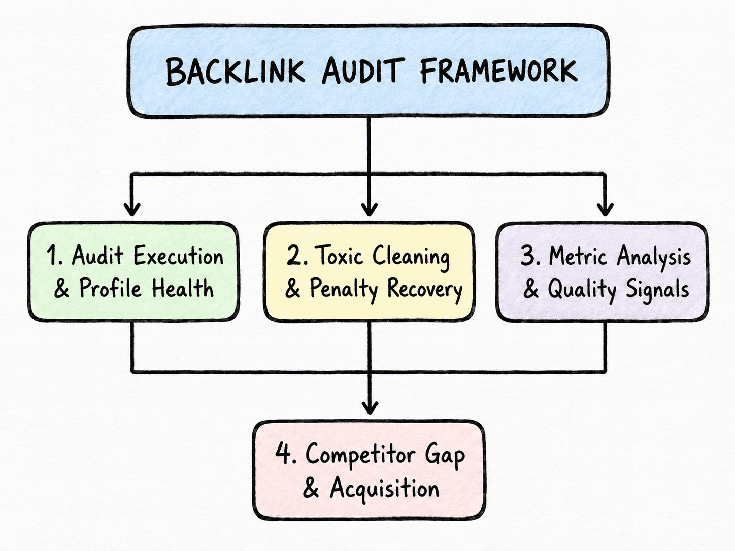 Backlink audit framework diagram showing the four key stages of off-page SEO analysis: profile health auditing, toxic link cleaning, quality metric analysis, and competitor backlink gap acquisition.